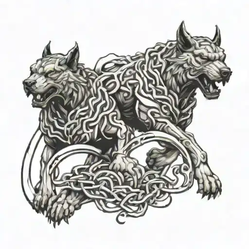 A modern twist on the myth of Hercules taming Cerberus, with a futuristic chain design tattoo design idea