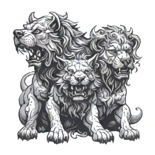 A stylized portrait of Cerberus submitting to Hercules, incorporating elements of both characters' mythology tattoo design idea