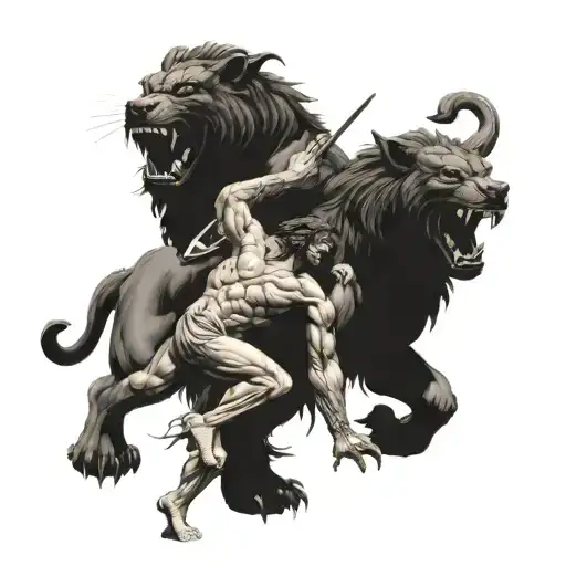 Heracles battling Cerberus in a detailed black and grey realism style tattoo design idea