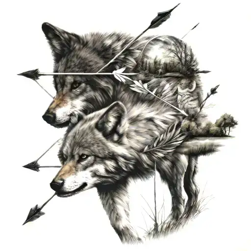 arrows in wolf back in a open field walking away   tattoo design idea