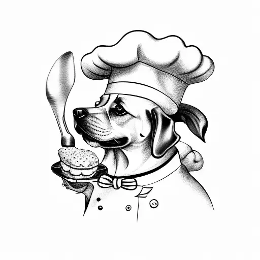 Design a tattoo of a dog wearing a chef's hat surrounded by baked goods tattoo design idea