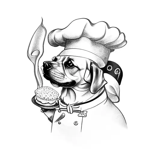 Design a tattoo of a dog wearing a chef's hat surrounded by baked goods tattoo design idea