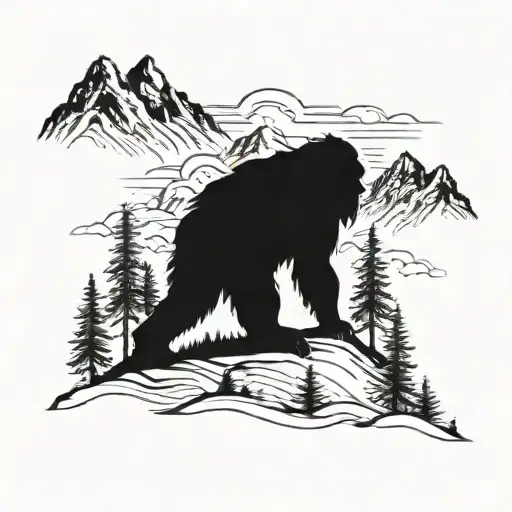 A majestic mountain landscape with a hidden Sasquatch silhouette among the trees tattoo design idea