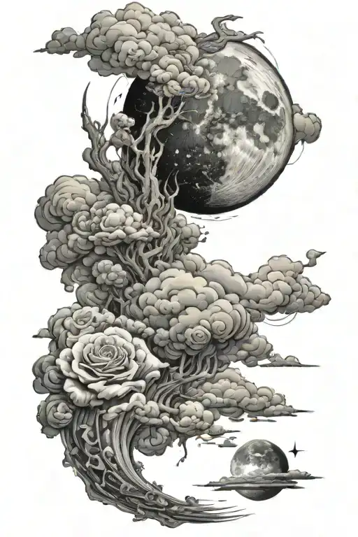 arm sleeve tattoo with detailed clouds and a detailed moon. mix in a sci fi them with a darker feel  tattoo design idea