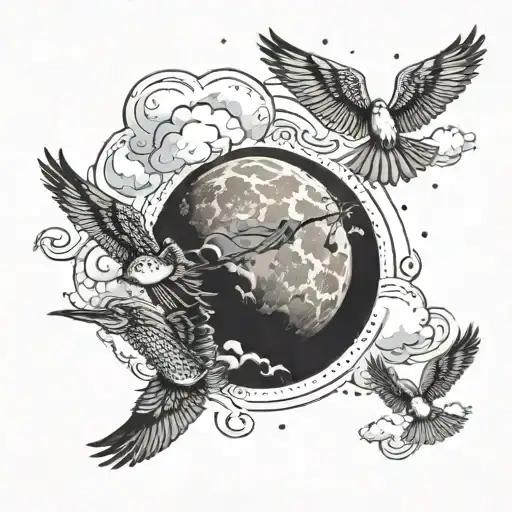 detailed clouds and moon with 5 birds flyin around. sci fi themed and a darker feel. hide bible verses in Greek  tattoo design idea