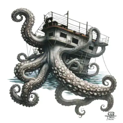 A highly detailed octopus with tentacles wrapping around a sunken ship, treasure spilling from its hold tattoo design idea
