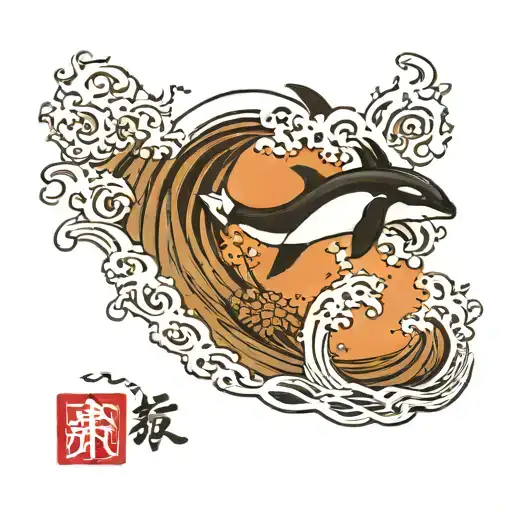 orca jumping out of a japanese style wave tattoo design idea