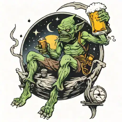 an evil goblin sitting on the peak of the moon drinking a beer, at night, watching the stars tattoo design idea