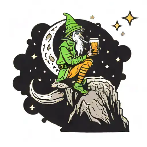 an elf sitting on the peak of the moon drinking a beer, at night, watching the stars tattoo design idea