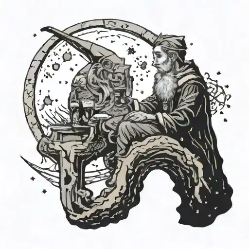 an elf sitting on the peak of the moon drinking a beer, at night, watching the stars tattoo design idea