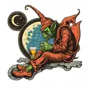 an evil goblin sitting on the peak of the moon drinking a beer, at night, watching the stars tattoo design idea