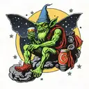 an evil goblin sitting on the peak of the moon drinking a beer, at night, watching the stars tattoo design idea