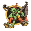 an evil goblin sitting on the peak of the moon drinking a beer, at night, watching the stars tattoo design idea