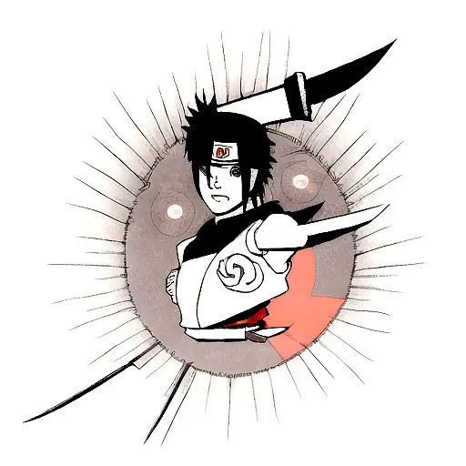 a kunai knife with one half of naruto face and eyes and the other half with sasuke face and eyes tattoo design idea