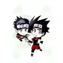 a kunai knife with one half of naruto face and eyes and the other half with sasuke face and eyes tattoo design idea