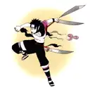 a kunai knife with one half of naruto face and eyes and the other half with sasuke face and eyes tattoo design idea