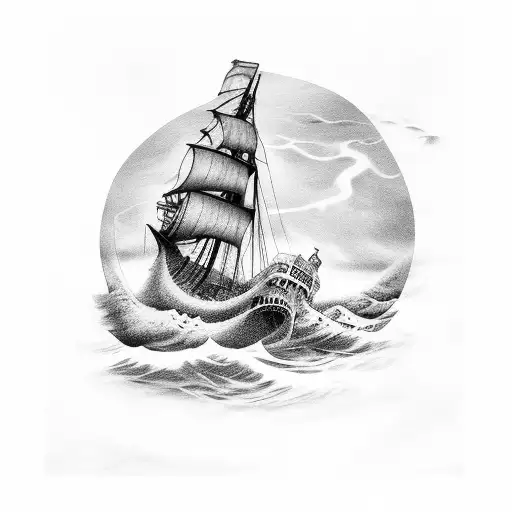 A mesmerizing black and grey tattoo of a ship sailing through stormy waters with a giant octopus emerging from the depths. tattoo design idea