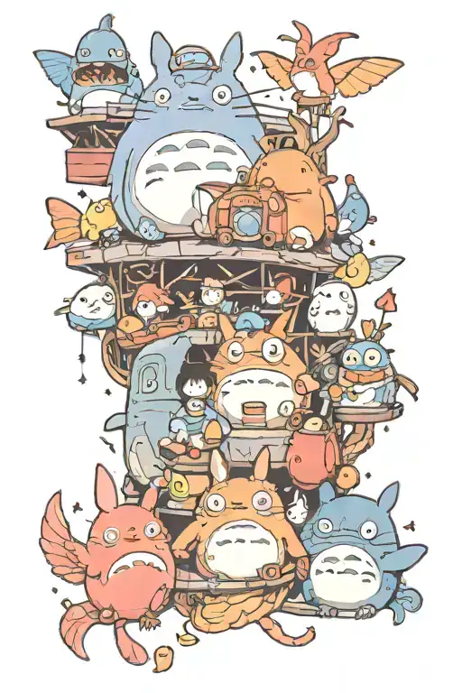 studio ghibli characters, calcifer, totoro, ponyo tattoo design idea