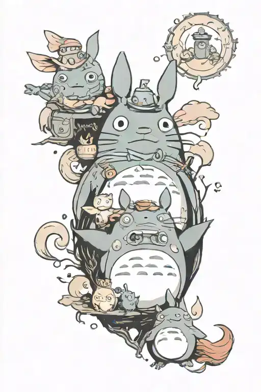studio ghibli characters, calcifer, totoro, ponyo tattoo design idea