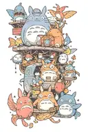 studio ghibli characters, calcifer, totoro, ponyo tattoo design idea