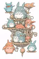 studio ghibli characters, calcifer, totoro, ponyo tattoo design idea