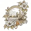 cotton fields with people working  tattoo design idea