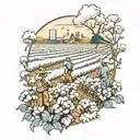 cotton fields with people working  tattoo design idea