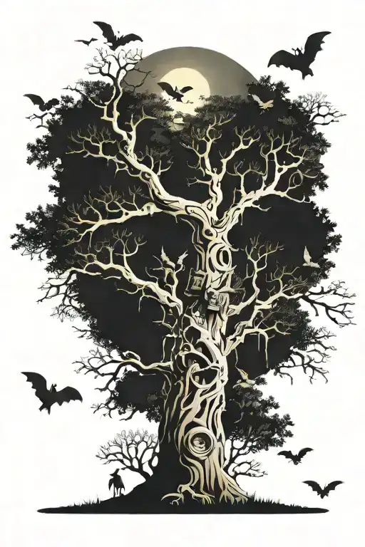 poison tree in the night around the forest filled with bats  tattoo design idea