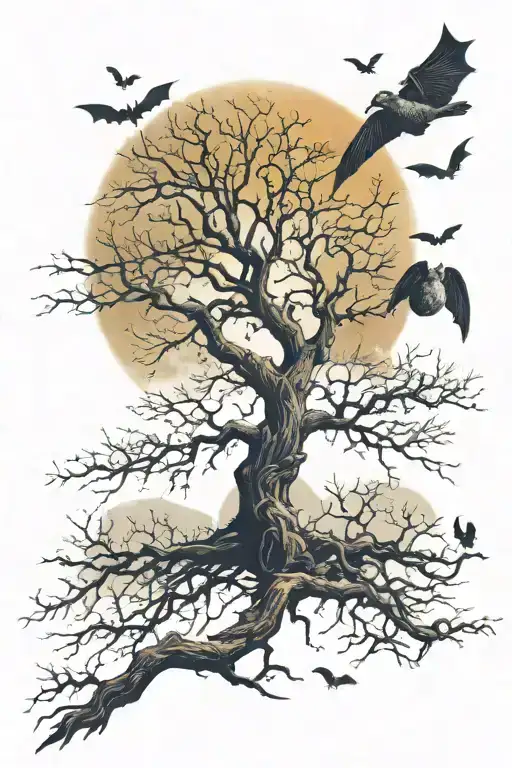 a poison tree with no leaves with the moon over the tree with lots of bats  tattoo design idea