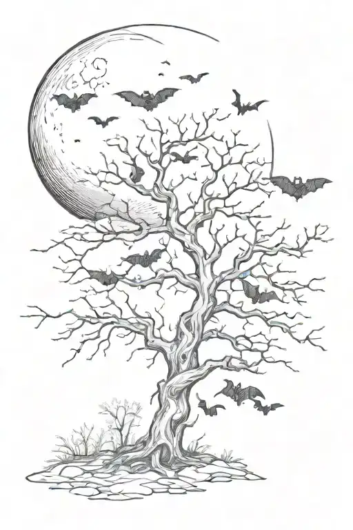a poison tree with no leaves with the moon over the tree with lots of bats  tattoo design idea
