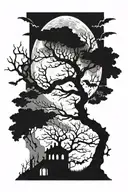 a poison tree with no leaves with the moon over the tree with lots of bats  tattoo design idea