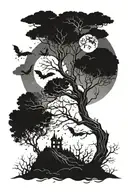 a poison tree with no leaves with the moon over the tree with lots of bats  tattoo design idea