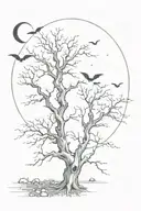 a poison tree with no leaves with the moon over the tree with lots of bats  tattoo design idea