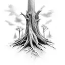 cross with tree roots and kids names tattoo design idea