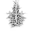cross with tree roots and kids names tattoo design idea