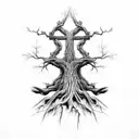 cross with tree roots and kids names tattoo design idea