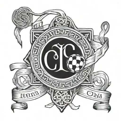 celtic football club emblem with family names Jay, Ria, Henri and Orla intertwined on a ribbon tattoo design idea