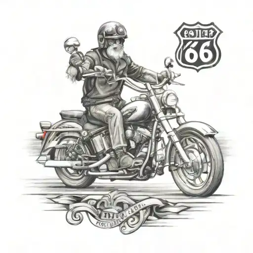 old boy on his chopper motorcycle driving through the Route 66 tattoo design idea