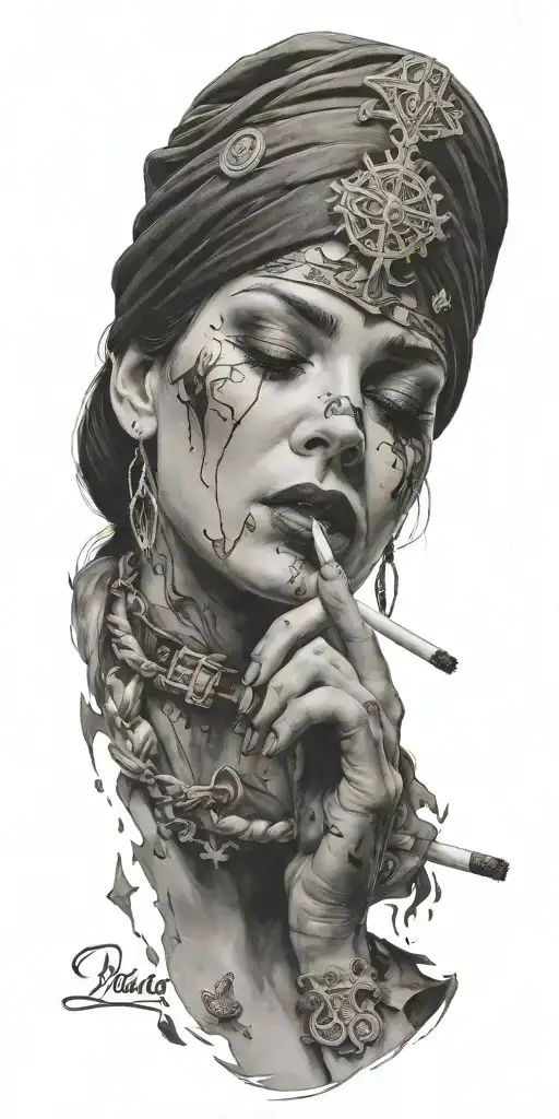 head of a blindfolded woman smoking a cigarette and the ashes are falling over a ouija board tattoo design idea