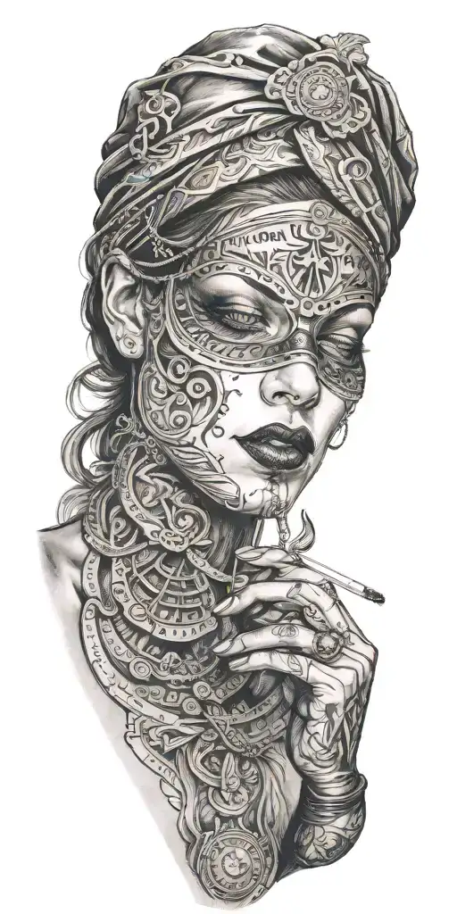 head of a blindfolded woman smoking a cigarette over a ouija board tattoo design idea