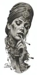 head of a blindfolded woman smoking a cigarette and the ashes are falling over a ouija board tattoo design idea