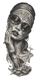 head of a blindfolded woman smoking a cigarette and the ashes are falling over a ouija board tattoo design idea