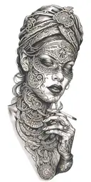 head of a blindfolded woman smoking a cigarette over a ouija board tattoo design idea