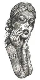 head of a blindfolded woman smoking a cigarette over a ouija board tattoo design idea