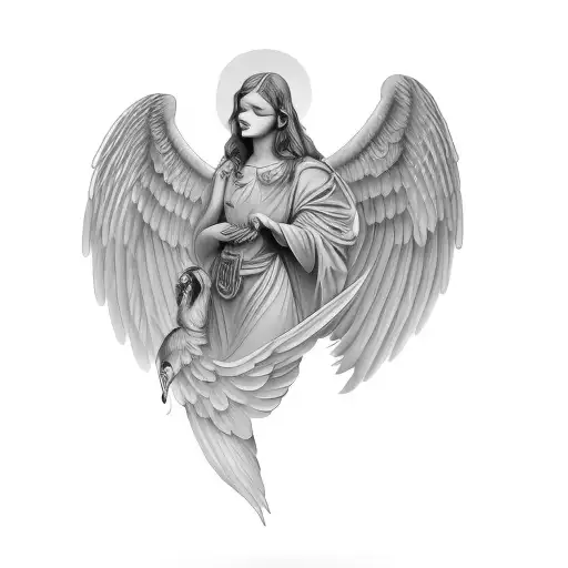 a guardian angel with her wings spread holding a dove tattoo design idea