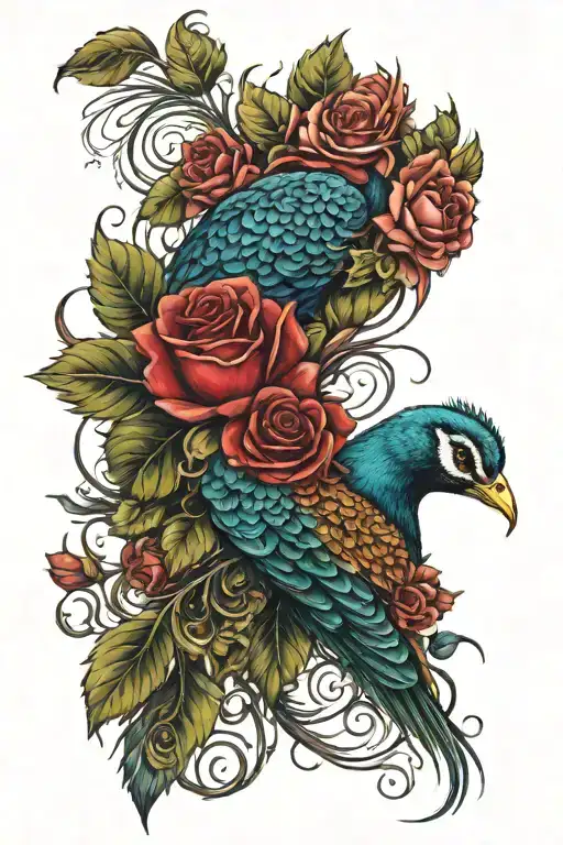 a tattoo representing good vs evil with thorny roses intertwined with peacock feathers  tattoo design idea