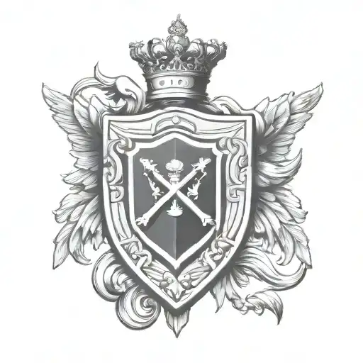 compact family crest. Shield contains 5 diamonds (1 3 1). item on top of shield is a knight helmet, surrounded by wings tattoo design idea