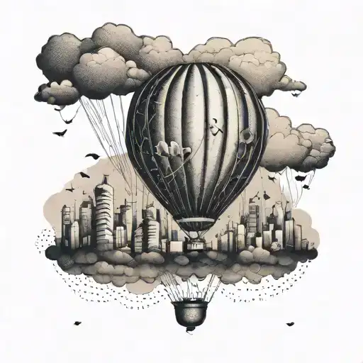 A whimsical design of a hot air balloon floating above the Singapore skyline, representing the joy of travel and adventure tattoo design idea