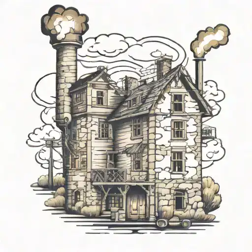 old mill building with smokestacks tattoo design idea