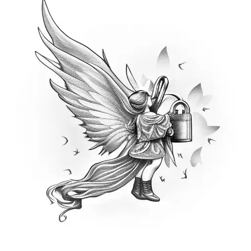 angel with butterfly wings holding a padlock tattoo design idea